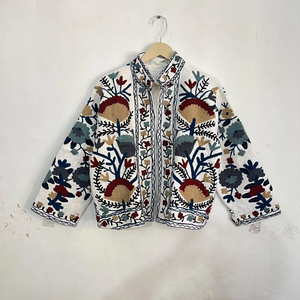White Suzani Embroidered Jacket Cotton Boho <b>Floral</b> Handcrafted Ethnic Women Coat Stand Collar Vintage Style Outerwear - Product Image 1