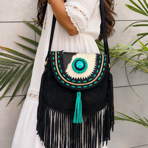 Nouvel Arrivage Sac à bandoulière à franges en cuir de vachette style Western avec pierre turquoise, fait main, vintage, style bohème, multi-usages - Product Image 3