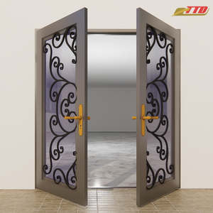 Puerta de Entrada Postmoderna de Hierro Forjado Personalizada con Paneles de Vidrio, Malla de Acero Inoxidable, Impermeable, 1 Año de Garantía Total - Product Image 1
