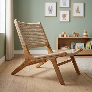 Nuevo Sillón Moderno Minimalista de Madera de Teca, Silla de Ratán Blanco Tejido sin Brazos, Silla de Descanso para Patio y Sala de Estar - Product Image 2