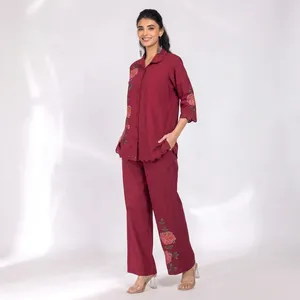Conjunto de Dos Piezas para Mujer, Color Granate, Bordado, Algodón, Manga Tres Cuartos, Diseño Floral, Corte Holgado, Casual, Primavera-Verano - Product Image 4