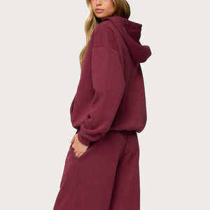 Chándal con Capucha Color Borgoña para Mujer, Manga Larga, Corte Holgado, Color Sólido, Ropa Casual de Otoño con Bolsillos Laterales, Algodón de Peso Medio - Product Image 6