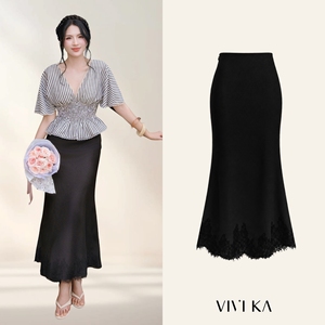 Vivika Women <b>Black</b> High Waist <b>Satin</b> Mermaid Maxi <b>Skirt</b> Elegant Solid Lace Trim Ankle Length <b>Long</b> Bottoms VANESSA - Product Image 1