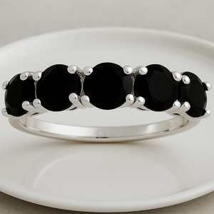 Rhaya Jewels 925 Sterling <b>Silver</b> Rhodium-Plated 5 Black Onyx Prong Set Classic Engagement Wedding Eternity <b>Band</b> <b>Ring</b> 2.2g - Product Image 5