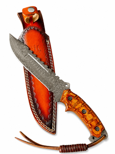 Cuchillo Bowie Welltrox Industries para Camping y Caza, Acero de Damasco, Mango de Madera, Hoja con Borde Serrado, Longitud Total de 15 Pulgadas - Product Image 2