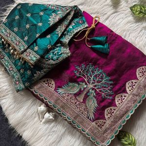Sari de créateur tendance avec broderie Meena et blouse cousue prête à porter, prix de gros par Royal Export - Product Image 5
