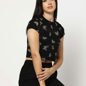 Stylish Summer Arrival <b>Women's</b> Eco-Friendly <b>Black</b> Color Drop Shoulder Cropped T-Shirt Sublimation <b>Crop</b> <b>Tops</b> Breathable - Product Image 4