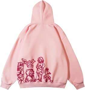 <b>Pink</b> Oversized Hoodie Cartoon Print Unisex Regular Fit Knitted Cotton <b>Sweatshirt</b> Autumn Style - Product Image 2