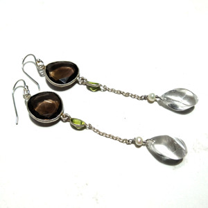 Natural Smoky Quartz <b>Crystal</b> Quartz Peridot Dangle Earring 925 Sterling Silver Handmade Gemstone Designer Drop Earring Unisex - Product Image 4