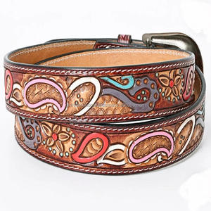 Costuras blancas y diseño colorido tallado a mano, cinturón de herramientas de cuero occidental marrón para hombres con hebilla de latón antiguo de diseñador - Product Image 5