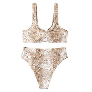 Conjunto de Bikini con Estampado de Piel de Serpiente para Mujer, Traje de Baño de Dos Piezas de Cintura Alta, Top Corto con Cuello Redondo, Traje de Baño con Logotipo Personalizado - Product Image 4