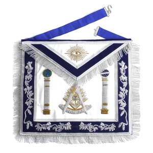 Tablier de Maître Ancien de la Loge Bleue, broderie à la main bleue et or-argent avec motifs de piliers, en cuir blanc avec cordons - Product Image 1