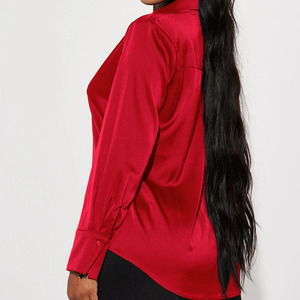 Hot Selling Summer Women's <b>Red</b> Satin Button Down Shirt Full Sleeve V- Neck Office Siren Blouse Elegant Work Dress Shirt - Product Image 2