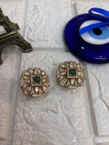 <b>studs</b> earring in round shape with green doublet and polki stone for Indian wedding jewelry <b>studs</b> in gold layered for women - Product Image 5