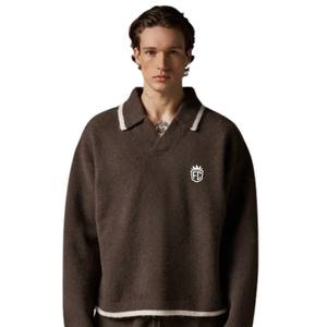 Men Knitted Polo <b>Top</b> Brown <b>Long</b> <b>Sleeve</b> Soft Textured Button Collar Pullover Casual Winter <b>Top</b> Cotton Blend - Product Image 3