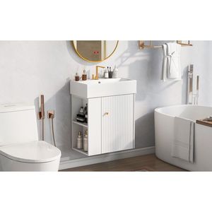 Mobile Bagno Moderno Sospeso da 21,6 Pollici con Lavabo in Ceramica per Bagni Piccoli, con Vano Portaoggetti a Sinistra - Product Image 5