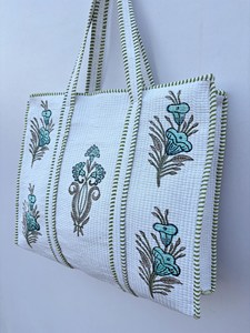 Fashionable <b>White</b> Cotton Tote <b>Bag</b> With Blue Floral Embroidery Panelled Bohemian Style Open Top Shopping <b>Bag</b> For Women All Season - Product Image 5
