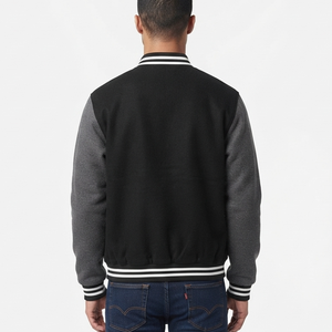 OEM Hot Sale <b>Men's</b> Winter <b>Long</b> Color Block Varsity Jacket <b>Black</b> Body Gray Sleeves Snap Button Front Custom Logo Baseball <b>Coat</b> - Product Image 3
