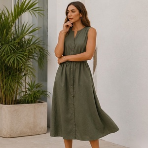 Sleeveless V-Neck Midi <b>Dress</b> With Drawstring Waist And Button Front Casual A-Line Cotton <b>Dress</b> For Summer Daily Wear - Product Image 5