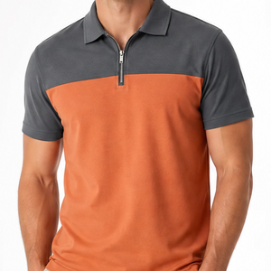 Polo de hombre de manga corta con cremallera de un cuarto y bloques de color a la moda, diseño casual naranja y gris sólido, streetwear premium - Product Image 2