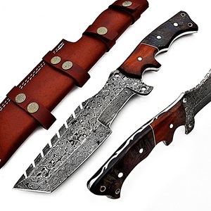 Handmade DIY Damascus Steel Outdoor Knife with Serrated Spine and Wooden Handle with <b>Leather</b> Sheath for Camping Use OEM - Product Image 2