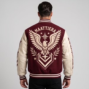 Chaqueta para Hombre MAATTIERA, Color Granate Crema, con Estrellas Bordadas, Estilo Preppy, Mezcla de Algodón, Corte Regular, para Otoño - Product Image 5