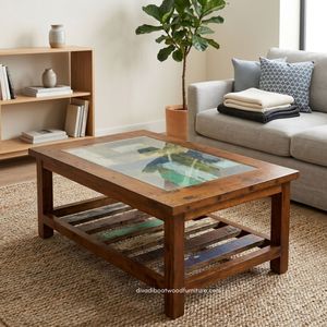 Rustic Solid Wood Durable Eco-Friendly Handmade <b>Coffee</b> <b>Table</b> Storage Glass Top Antique Finish Indoor Outdoor Living Room - Product Image 6