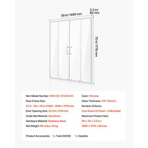 Porte de douche semi-cadre semi-encadrée étanche en verre trempé transparent de 6 mm (1/4 po) avec double porte coulissante en verre, 57,8-59 L x 70 H po - Product Image 6