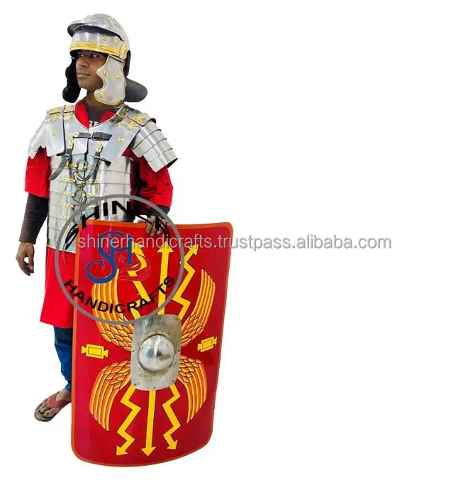 Medieval Armor Roman Lorica Segmentata Legionary Jacket W/Roman Helmet & Red Tunic Silver Finish Armor Roman Shield Costume Set
