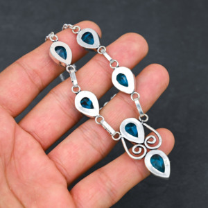 Collier de luxe pour femme en argent sterling avec topaze bleue synthétique et perle de culture d'eau douce en forme de poire 10x14mm, 18 pouces, cadeau de mariage - Product Image 4