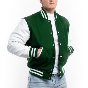<b>Men's</b> Green And <b>White</b> Varsity <b>Jacket</b> With Button Closure Regular Fit Preppy Style Cotton Shell Polyester Lining <b>Men's</b> Tracksuits - Product Image 2