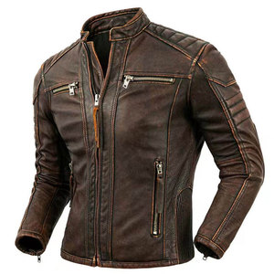 Men's Brown Leather Motorcycle Jacket Stand Collar Zipper Closure Slim Fit Moto Biker Style - Product Image 1