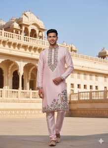 Men's Pink Embroidered Silk <b>Kurta</b> Set Bird Floral Design Traditional <b>Indian</b> Pakistani Wedding Wear Regular Fit Ankle-Length - Product Image 4
