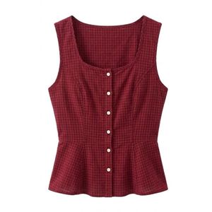 Custom Knit Crimson Cotton Blouse Sleeveless Corset Waist Button Front <b>Square</b> <b>Neck</b> Superior Chic Stretch Party Blouses - Product Image 2