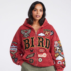 Sweat à capuche polaire oversize pour femme avec patchs brodés, épais 500 g/m², à épaules tombantes, effet délavé - Product Image 1