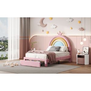 Letto a piattaforma matrimoniale in velluto arcobaleno per bambini, imbottito con cassetto contenitore, design colorato, non richiede rete a molle - Product Image 3