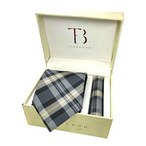 Corbata de poliéster a cuadros gris con combinación de pañuelo de bolsillo - Product Image 1