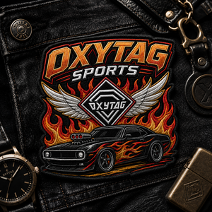 Patch brodé OXYTAG Sports avec motif flamme et voiture, appliqué thermocollant, forme irrégulière, tissu tissé, prix de gros, OEM - Product Image 6