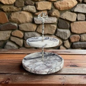 Reliable Round Marble Cake <b>Stand</b> 2 Tier Handmade Stone Serving Tray with Metal <b>Tree</b> Top Handle - Product Image 6