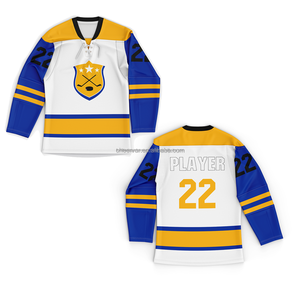 Camiseta de hockey sobre hielo para hombre, blanca, azul y amarilla, con cuello en V, con cordones, manga larga, número del equipo, logotipo personalizado, para adultos - Product Image 3