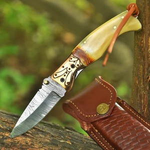 Professional Handmade Damascus Folding Pocket <b>Knife</b> <b>Bone</b> <b>Handle</b> Outdoor Camping Hunting EDC <b>Knife</b> OEM Manufacturer - Product Image 1