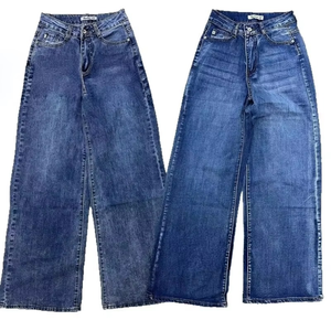 Women Mid Waist Flat Solid Denim Wide Leg Loose Fit Full Length Medium Wash Vintage Hip Hop Elastic Waist Casual Spring Pants - Product Image 1