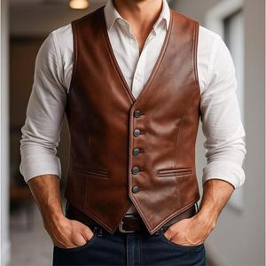 Chaleco de Cuero Genuino Marrón para Hombre, Cuello en V, Color Sólido, Estilo Casual Elegante, Cierre de Botón de Una Fila, Largo Regular - Product Image 3