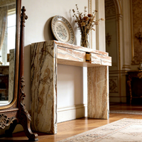 Table console en marbre travertin naturel avec tiroir, table d'entrée moderne de luxe pour villa, hôtel, salon