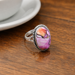 <b>Pink</b> Dahlia Oyster Turquoise Oval Ring 925 Sterling Silver Handmade Beaded <b>Frame</b> Statement Ring Rose Gold Yellow Gold Plated - Product Image 5