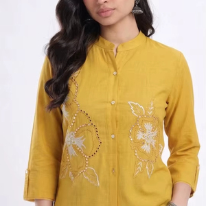 Vestido Casual de Verano con Cuello Mandarín Bordado Floral, Transpirable, con Lazos Tejidos, 100% Poliéster - Product Image 1