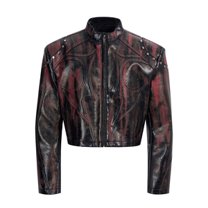 Black <b>Cropped</b> Stand Collar Hand Waxed Biker Leather <b>Jacket</b> Casual Designer Men's <b>Jackets</b> <b>Puffer</b> Winter Leather - Product Image 2