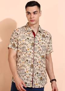 Camisa de Algodón Off-White para Hombre con Estampado Warli, Corte Regular, Diseño Internacional, Estilo Casual de Verano con Cuello y Mangas Cortas - Product Image 4