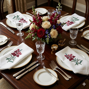 Serviette en lin brodée d'un camélia rouge, des points délicats ajoutant une beauté classique pour les événements élégants et les repas en famille. - Product Image 4