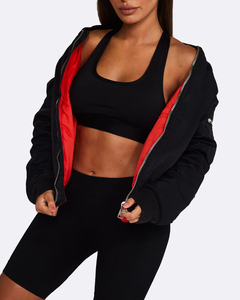 Blouson Bomber Noir Femme en Satin, Veste Décontractée Zippée Rembourrée Coupe-Vent, Manches Oversize avec Poches, Légère - Product Image 5